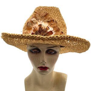VINTAGE Handmade Straw Cowboy Hat Feather Band Summer Sun Panama Raffia Cowgirl